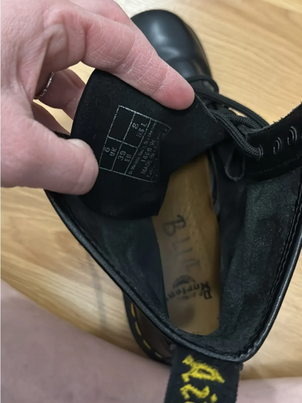 Dr. Martens Black Leather 8-Eye Lace-Up Boots with Yellow Stitching - Picture 3 of 5